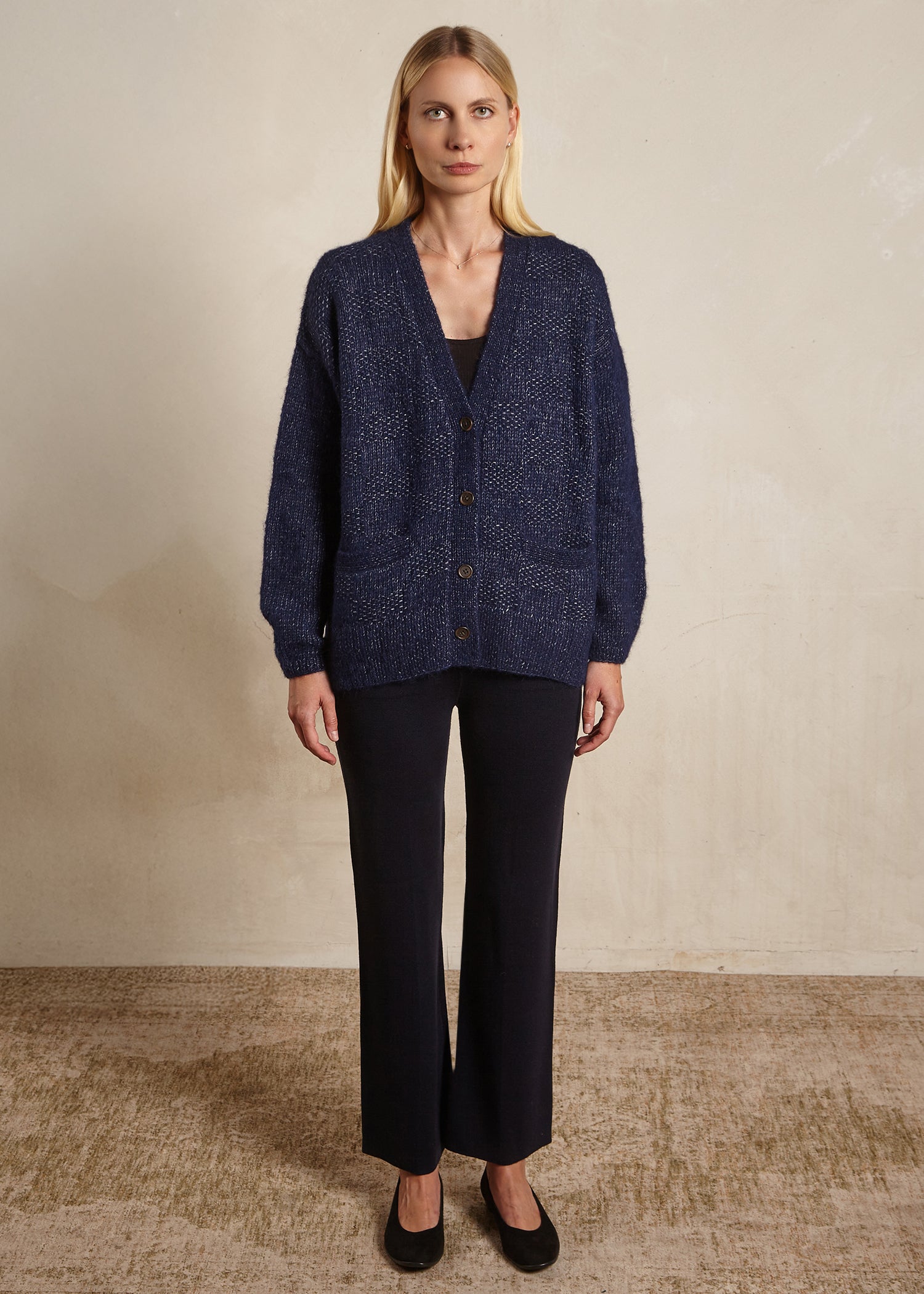 Handknit Basketweave Cardigan Navy