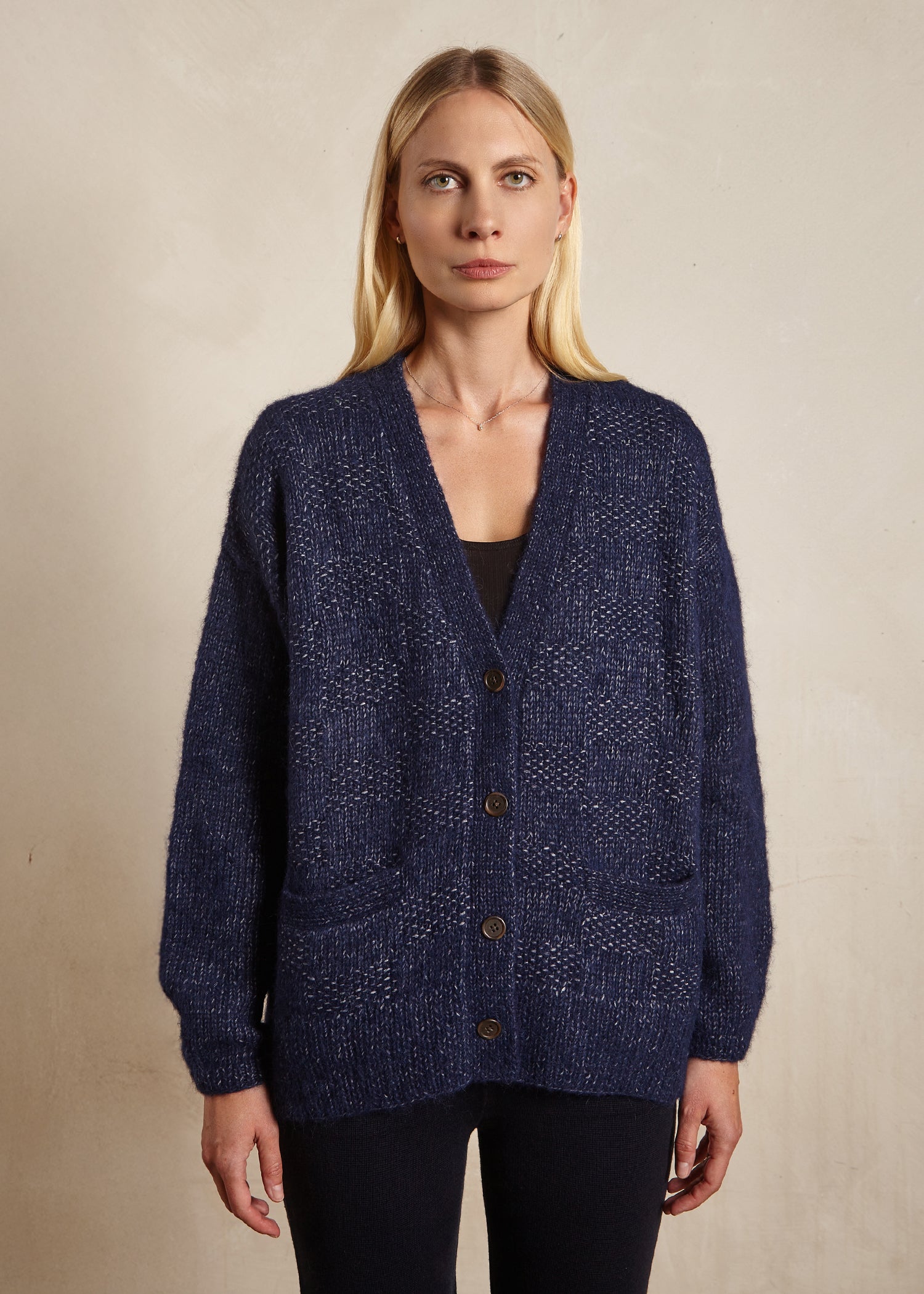 Handknit Basketweave Cardigan Navy